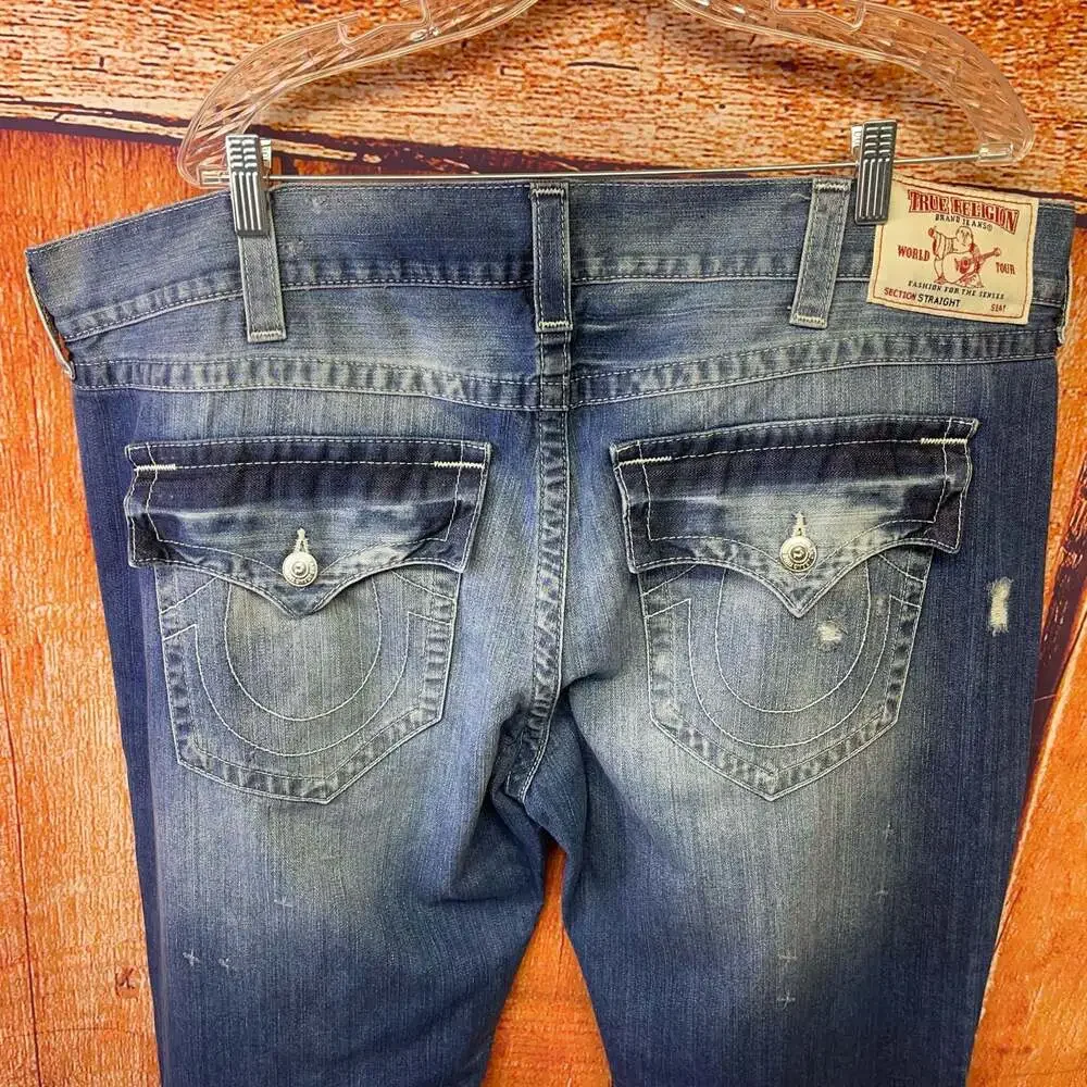 True Religion World Tour Section Straight Distressed Denim Jeans Sz 44 x 34